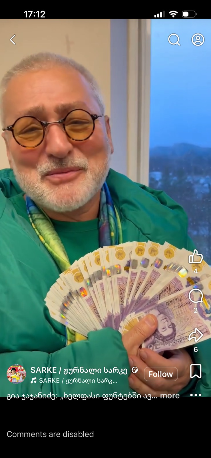 Screenshot of an Imedi TV personality holding a fan of British Pound banknotes on TikTok, claiming to receive salary in GBP despite sanctions